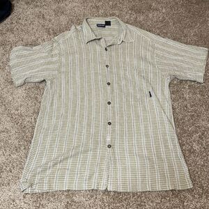 Patagonia Geometric Print Green Brown Button Shirt Organic Cotton Mens Large